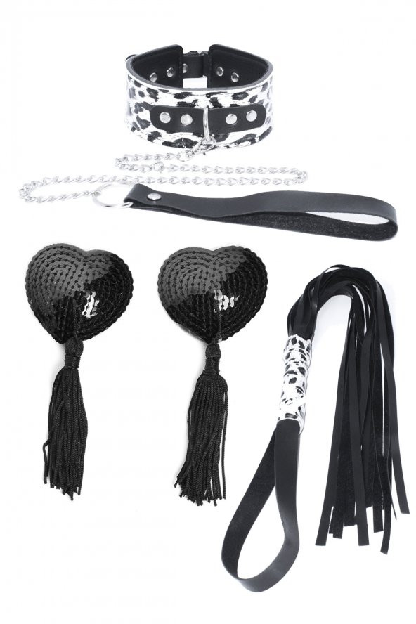 Leopar Deri Kırbaç Tasma Ve Göğüs Ucu 3Lü Set ürün görseli