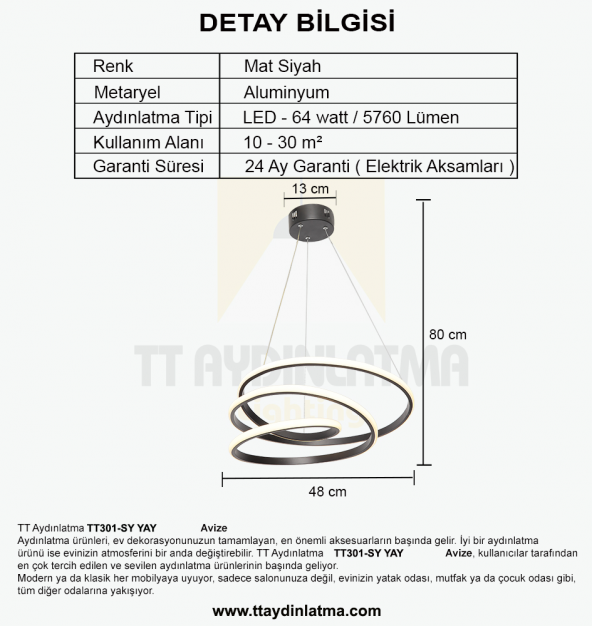 TT Aydınlatma TT301-SY  Yay Modeli Siyah Led Avize - 4