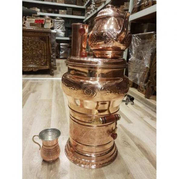 İşlemeli 5 L Bakır Semaver + Demlik ve Bardak
