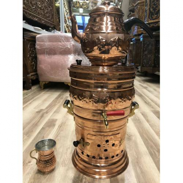 İşlemeli 7,5 L Bakır Semaver + Demlik ve Bardak