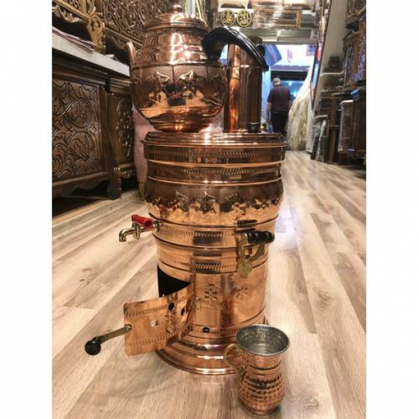 İşlemeli 4,5 L Bakır Semaver + Demlik ve Bardak