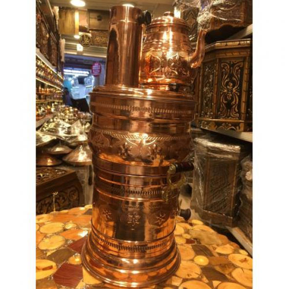 İşlemeli 4,5 L Bakır Semaver + Demlik ve Bardak