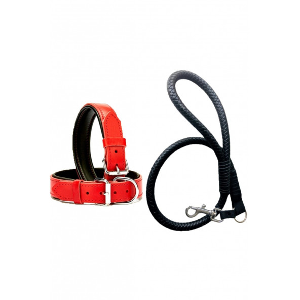 DESİNGSHOP Siyah Deri Örgü Köpek Gezdirme Kayışı 90cm Ve Kırmızı Deri Köpek Tasması 2,5x56 Cm Toplam