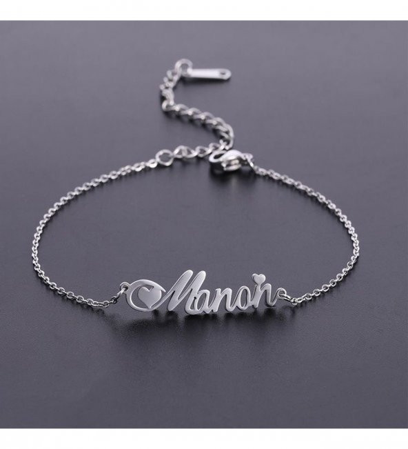 Mini Kalp Detaylı 925 Ayar Gümüş Kişiye Özel İsimli Gümüş Kadın Bileklik
