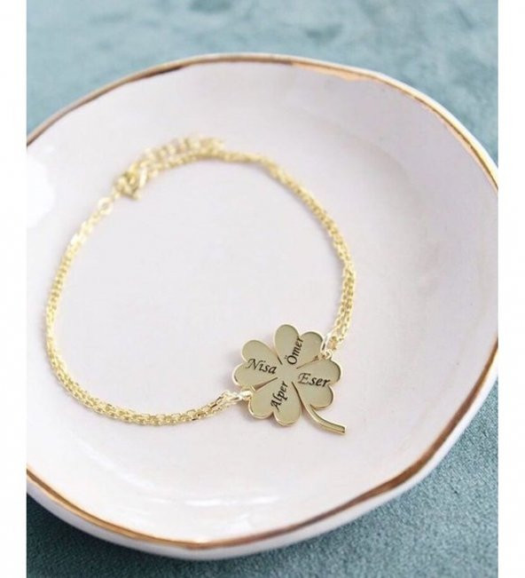 925 Ayar Kişiye Özel İsimli Dört Yapraklı Yonca Gümüş Hediyelik Bileklik