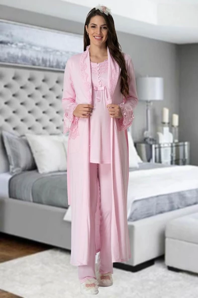 Mecit 5416 Bayan Hamile Lohusa  Pembe Sabahlık Pijama Takımı - 3