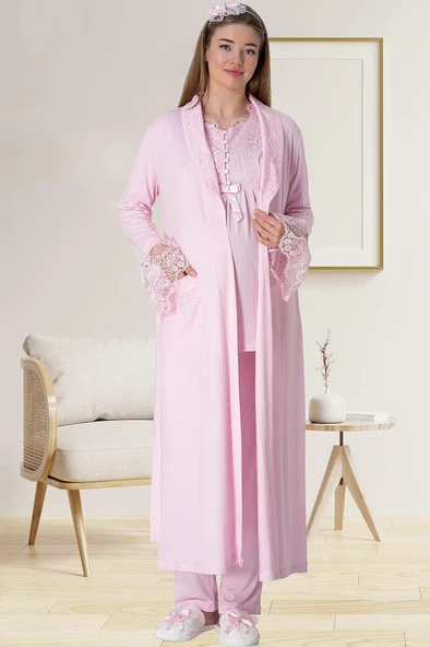 Mecit 5416 Bayan Hamile Lohusa  Pembe Sabahlık Pijama Takımı - 5