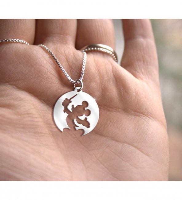 Yuvarlak Plaka Mickey Mouse Tasarım Gümüş Unisex Kolye