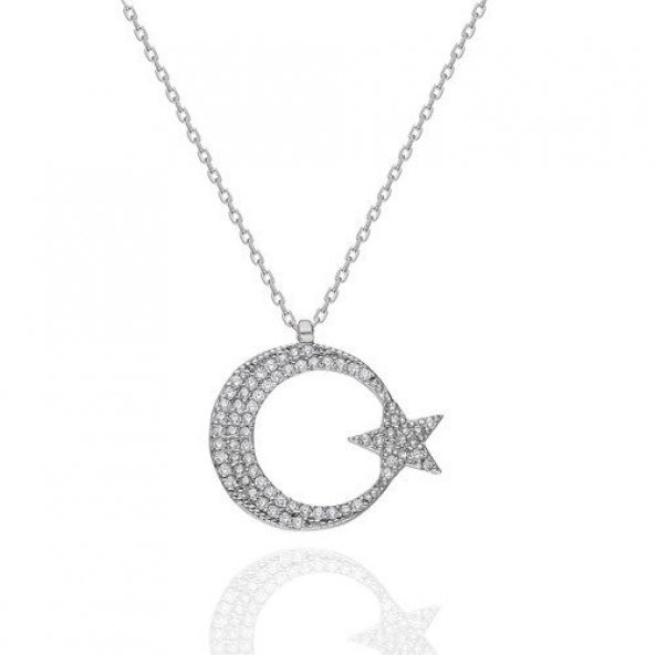 Taşlı Ay Yıldız Model Gümüş Kadın Kolye Özel Gün Hediyesi