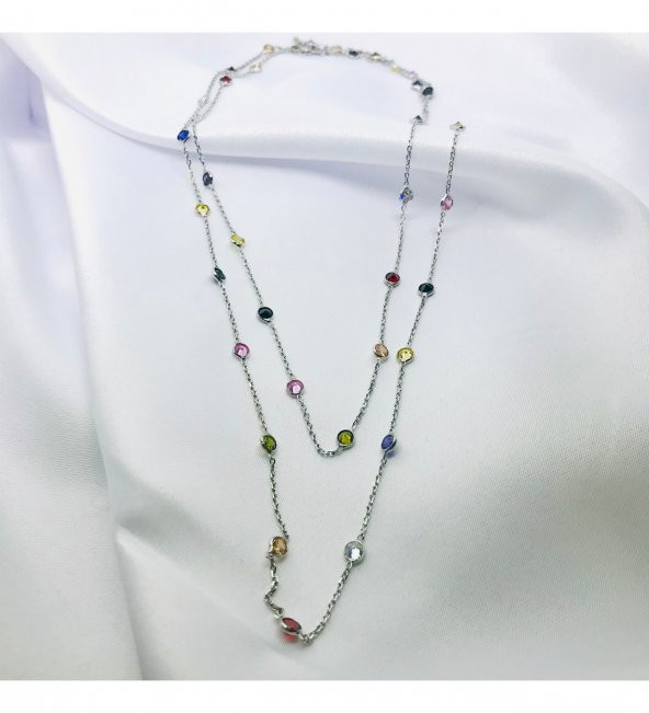 Renkli Tiffany Zincir Model Gümüş Kolye (1 metre)