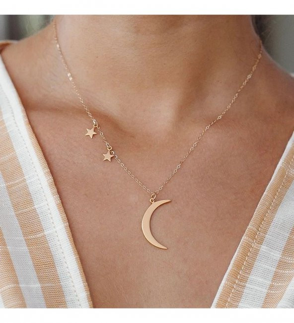 Mini Yıldız Detaylı Ay Model 925 Ayar Gümüş Hediyelik Kadın Kolye ürün görseli 1