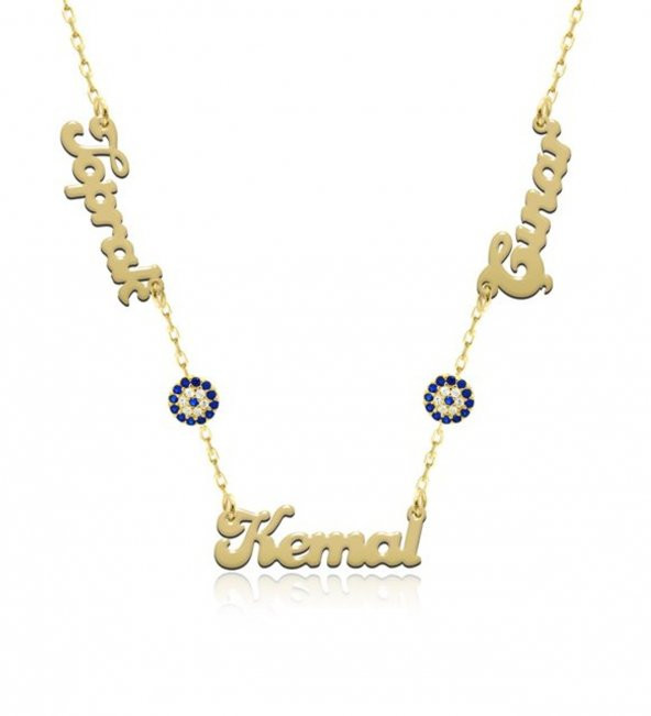 Kişiye Özel Nazarlı Üç İsimli Altın Kaplama Gümüş Kolye