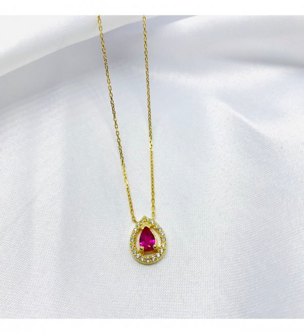 Kırmızı Rubyy Damla Taşlı Tasarım Gümüş Kolye ürün görseli 1
