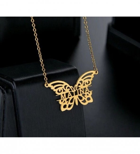 Kelebek Model Kişiye Özel İsimli 925 Ayar Gümüş Gold Hediyelik Kadın Kolye