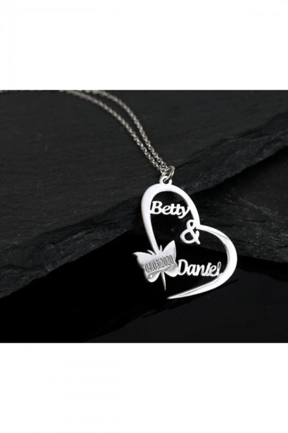 Gümüş Kelebek Kalpli Isim Kolye - Resim 4