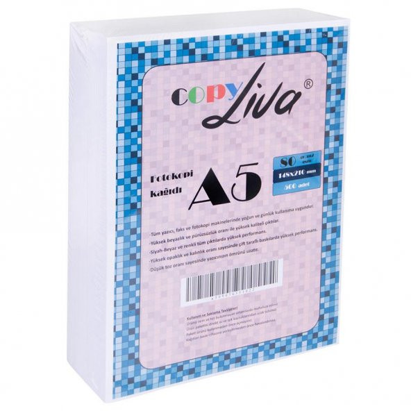 Liva Copy A5 Fotokopi Kağıdı 80Gr 2 Paket 1000 Syf A4Ün Yarısıdır