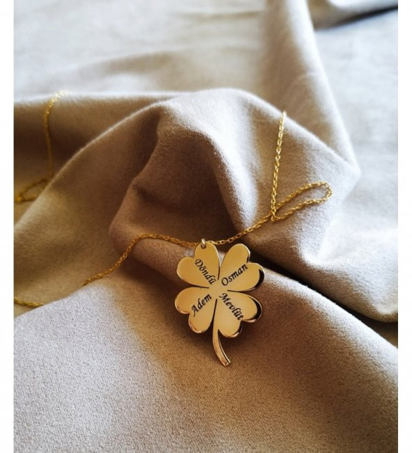 Dört Yapraklı Yonca Gold Plaka Kişiye Özel İsim Gümüş Kolye