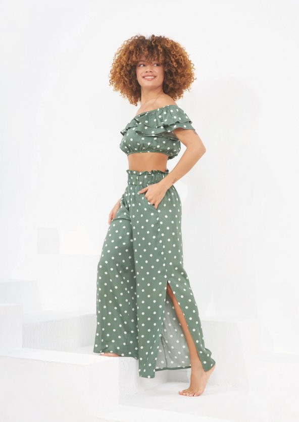 Puantiyeli Straplez Takım Kiremit & Siyah & Yeşil - Resim 3