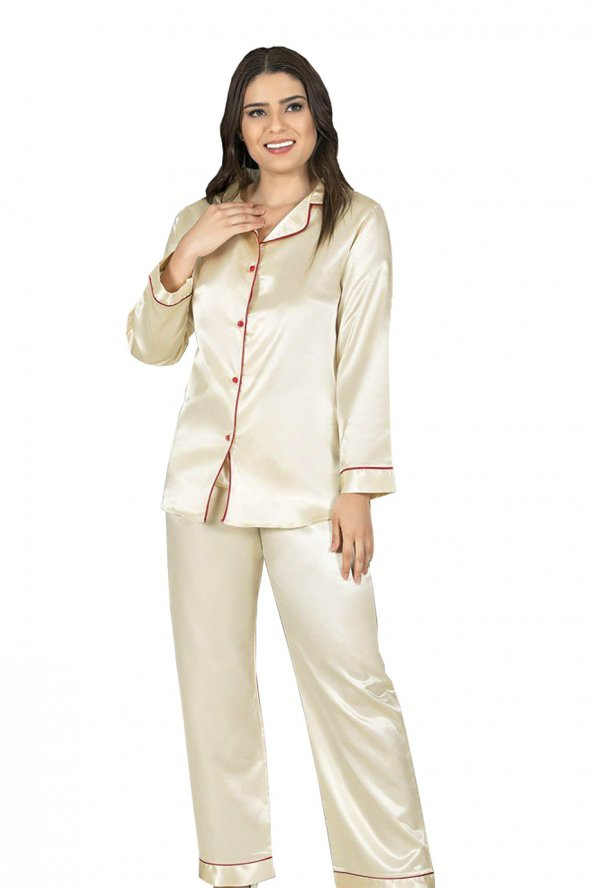 Saten Çeyizlik Krem Pijama Takım