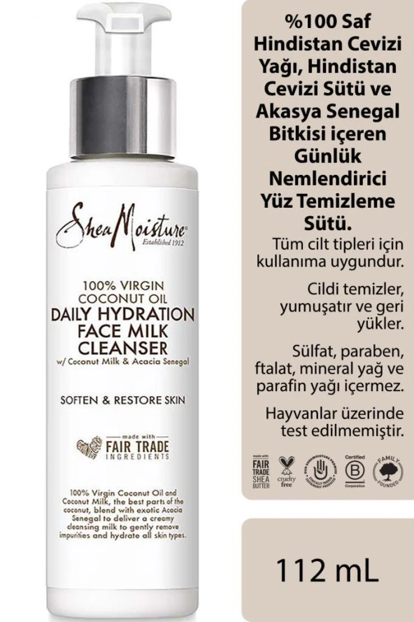 Shea Moisture 100 Saf Hindistan Cevizi Yağlı Günlük Nemlendirici Yüz Temizleme Sütü 112ML