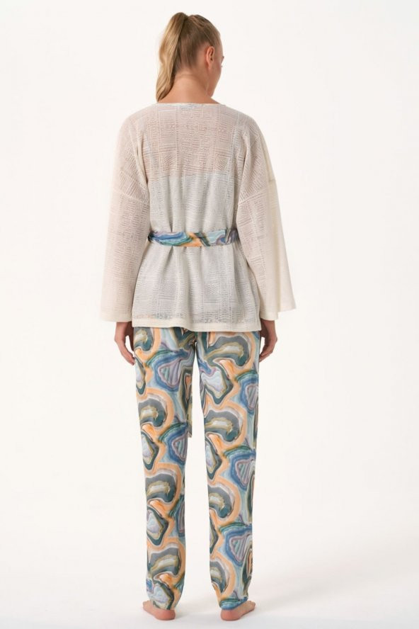 Dalgalı Desen Sabahlıklı Pijama Takımı - 3