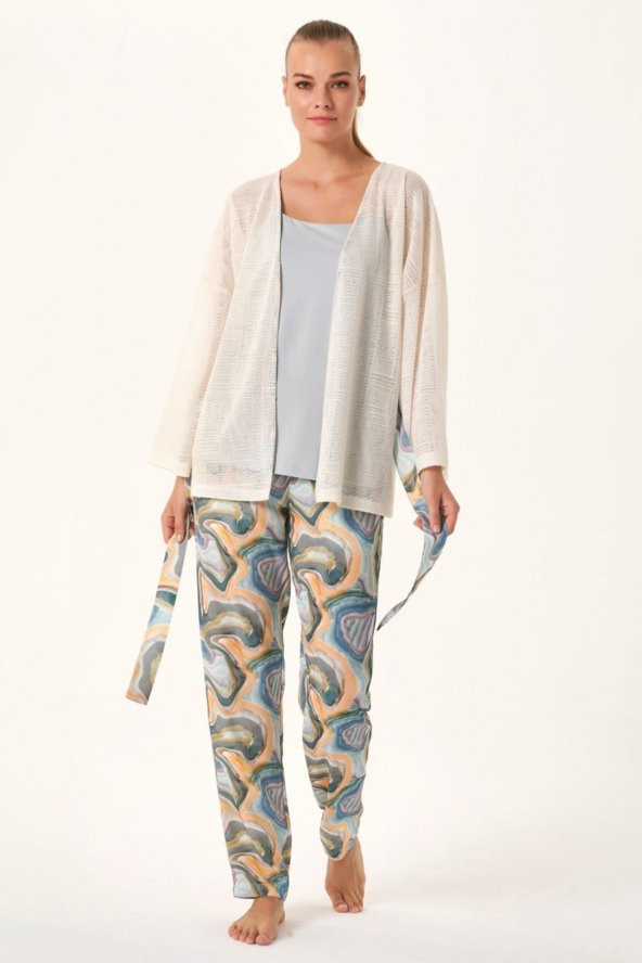 Dalgalı Desen Sabahlıklı Pijama Takımı - Resim 2