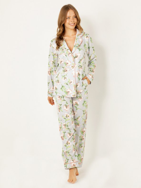 Çiçekli Doğal Viskon Soft Yumuşak Düğmeli Pijama Takımı - Resim 2