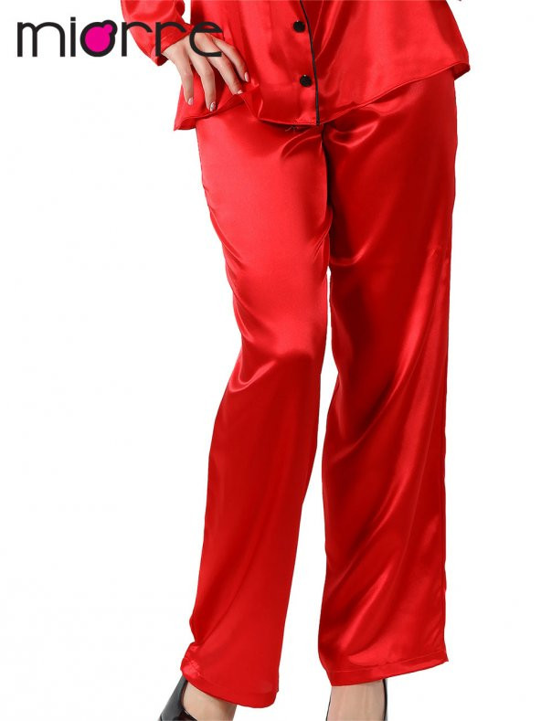 Kadın Uzun Kollu Önden Düğmeli Saten Pijama Takımı - Resim 4