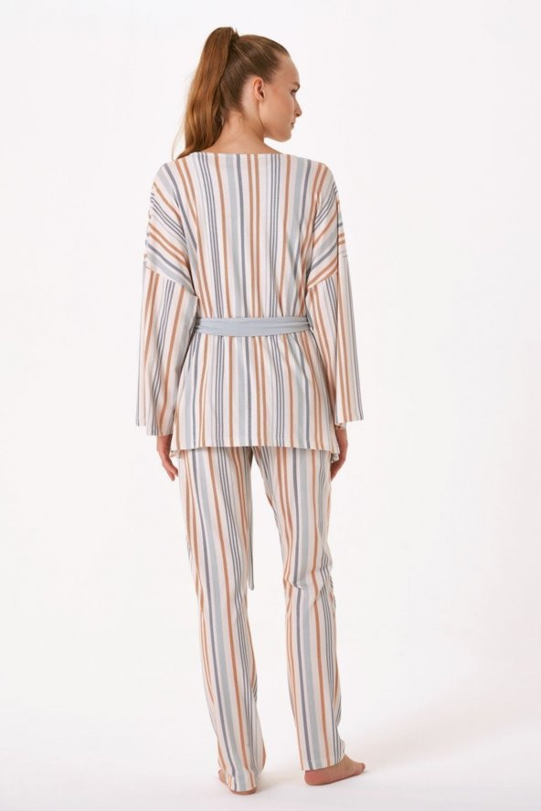 Balık Sırtı Çizgili Sabahlıklı Pijama Takımı - Resim 3