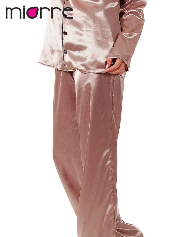 Kadın Uzun Kollu Önden Düğmeli Saten Pijama Takımı - Resim 4