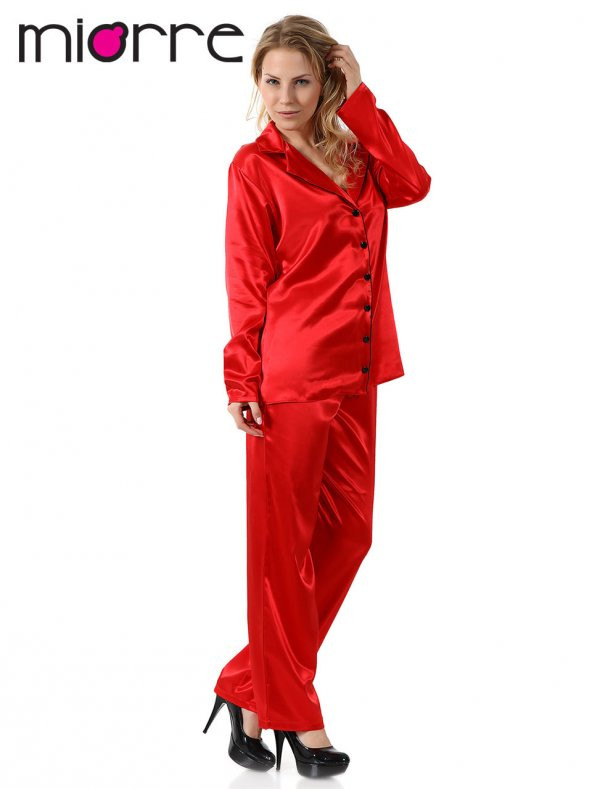 Kadın Uzun Kollu Önden Düğmeli Saten Pijama Takımı - Resim 3