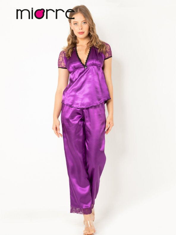 Kadın Dantel Detaylı Kısa Kollu Saten Pijama Takımı - Resim 7