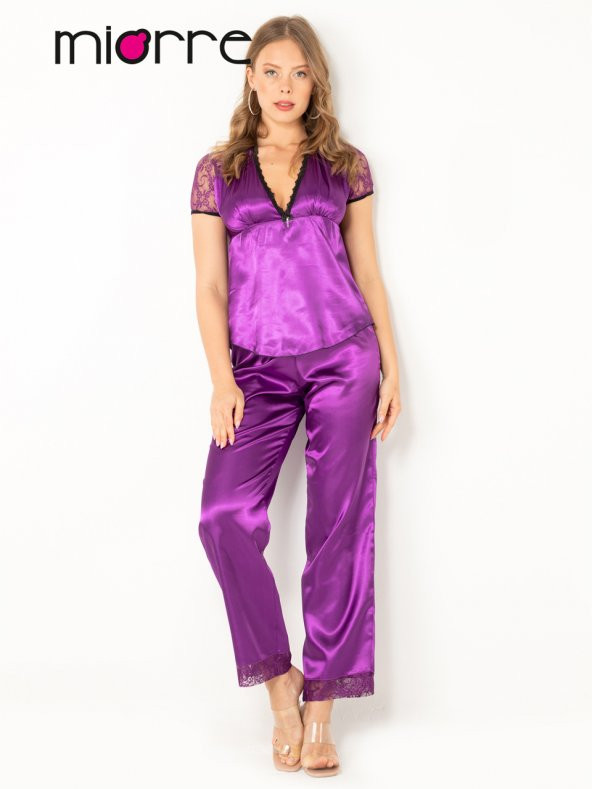 Kadın Dantel Detaylı Kısa Kollu Saten Pijama Takımı - Resim 5