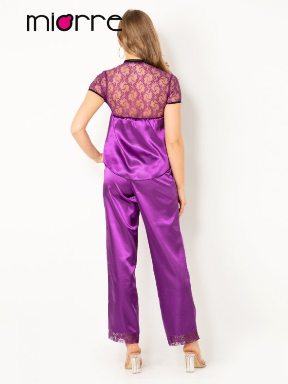 Kadın Dantel Detaylı Kısa Kollu Saten Pijama Takımı ürün görseli