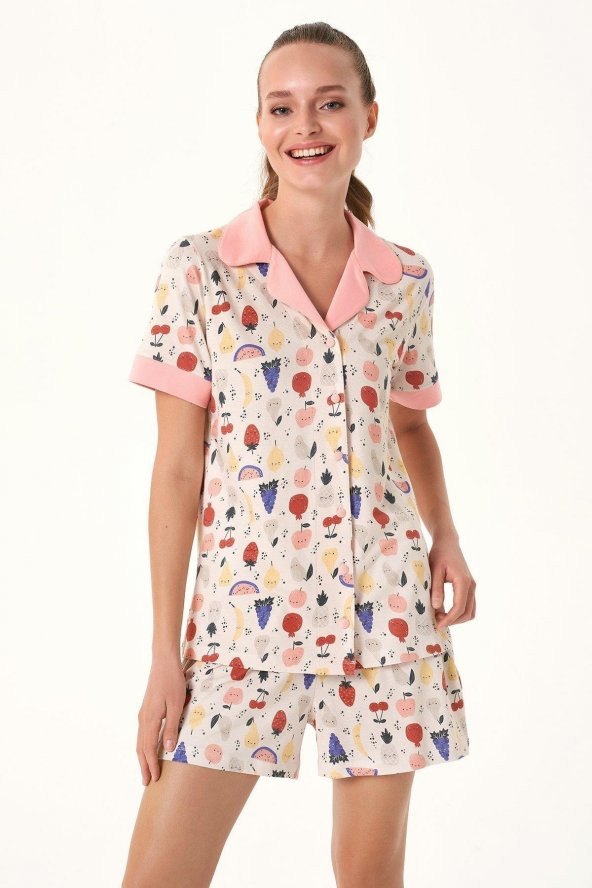 Önden Düğmeli Şortlu Takımı Meyve Baskılı - Resim 2