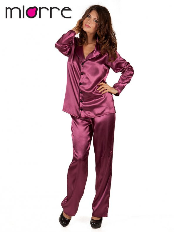 Kadın Uzun Kollu Önden Düğmeli Saten Pijama Takımı - 8