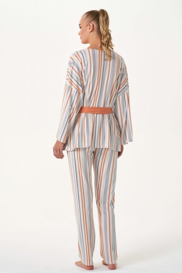 Balık Sırtı Çizgili Sabahlıklı Pijama Takımı - Resim 3