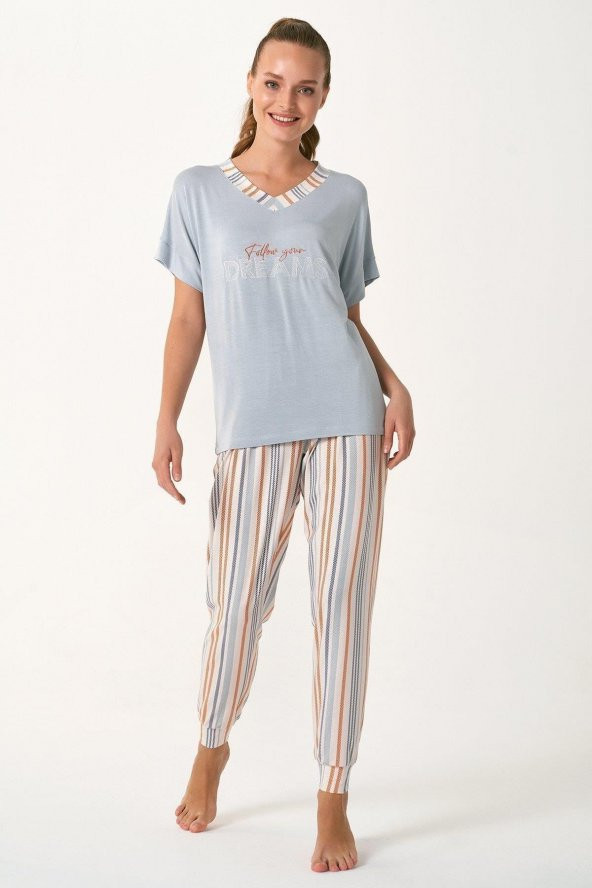 Balık Sırtı Çizgili İkili Pijama Takımı - Resim 2