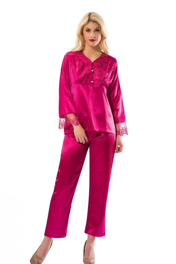 Saten Çeyizlik Fuşya Pijama Takım