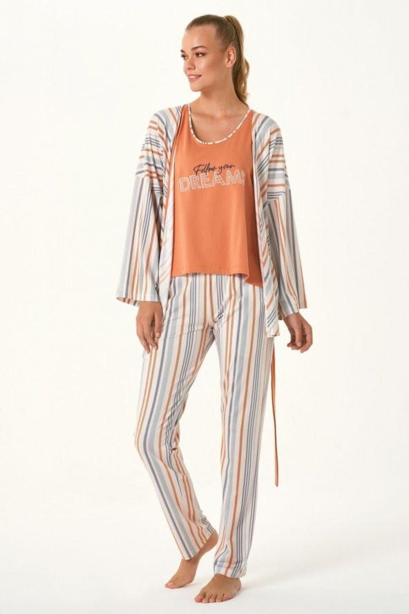 Balık Sırtı Çizgili Sabahlıklı Pijama Takımı - Resim 2