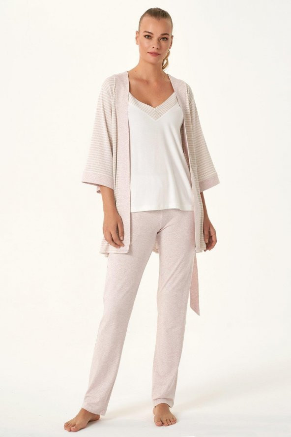 Melanj Çizgili 3lü Pijama Takımı - Resim 2