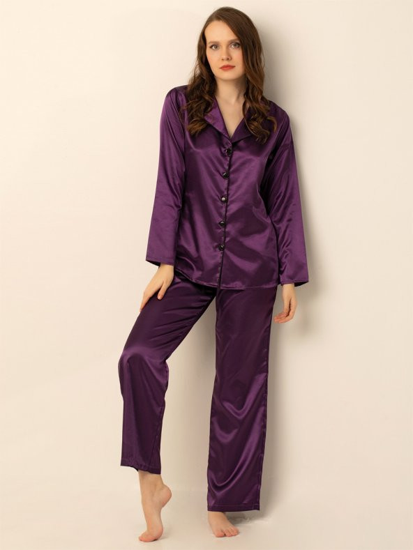 Uzun Kollu Saten Pijama Takımı - Resim 2