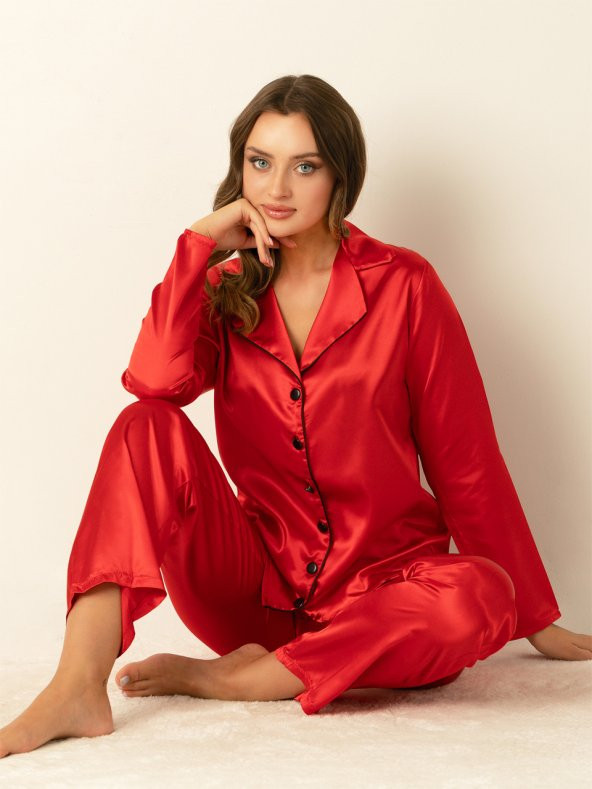 Uzun Kollu Saten Pijama Takımı - Resim 3