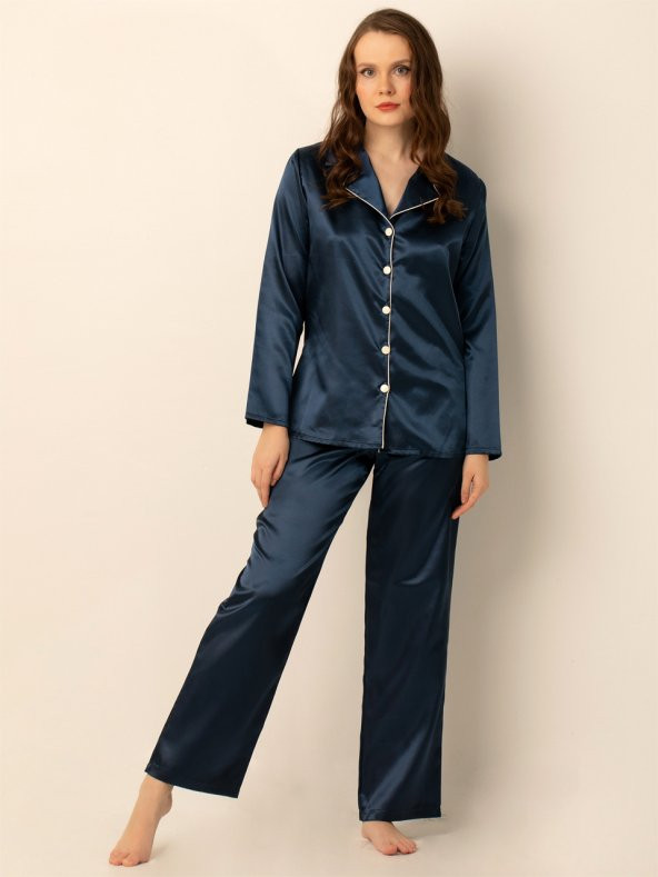 Uzun Kollu Saten Pijama Takımı - Resim 2