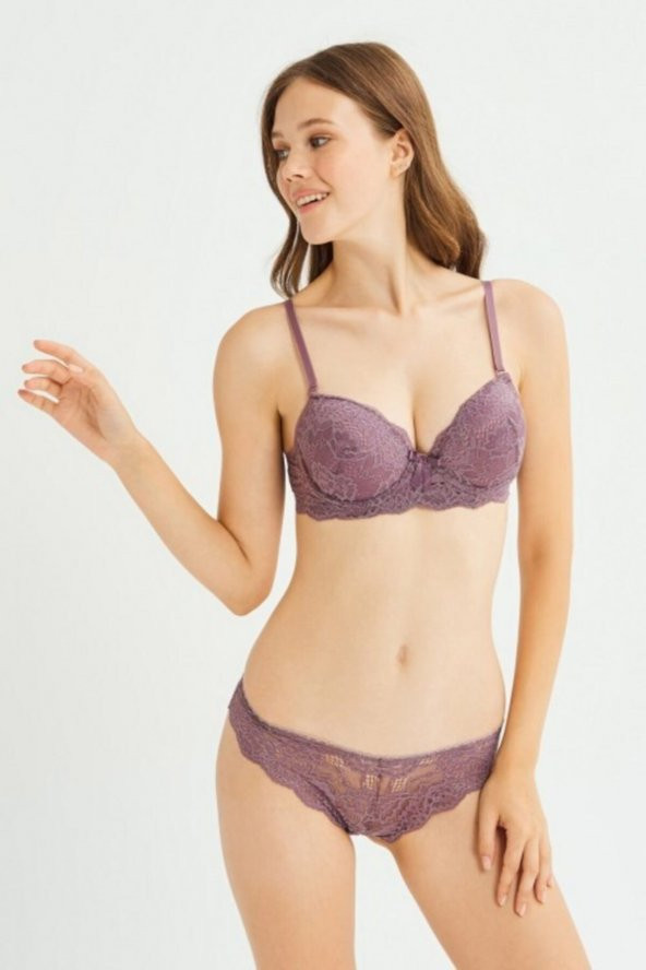 Kadın Bordo Destekli Balenli Dantel Sütyen Takım 122T_DOLU - Resim 2