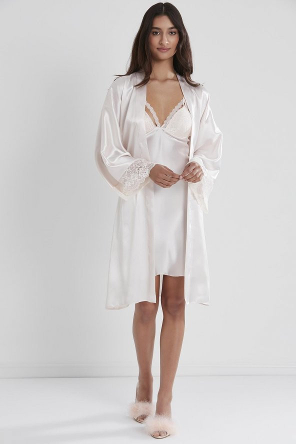 Saten Dantelli Gecelik & Sabahlık Takım - Resim 2