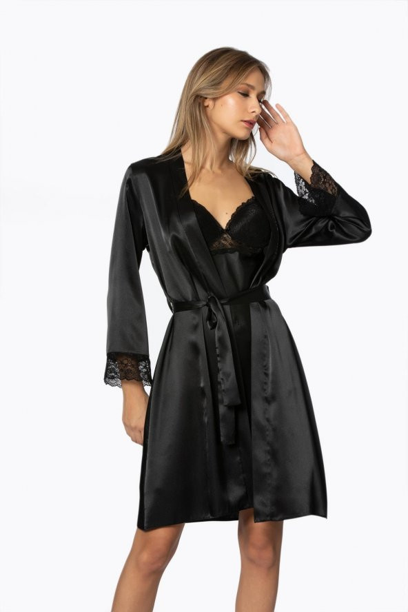 Saten Dantelli Gecelik & Sabahlık Takım - Resim 2