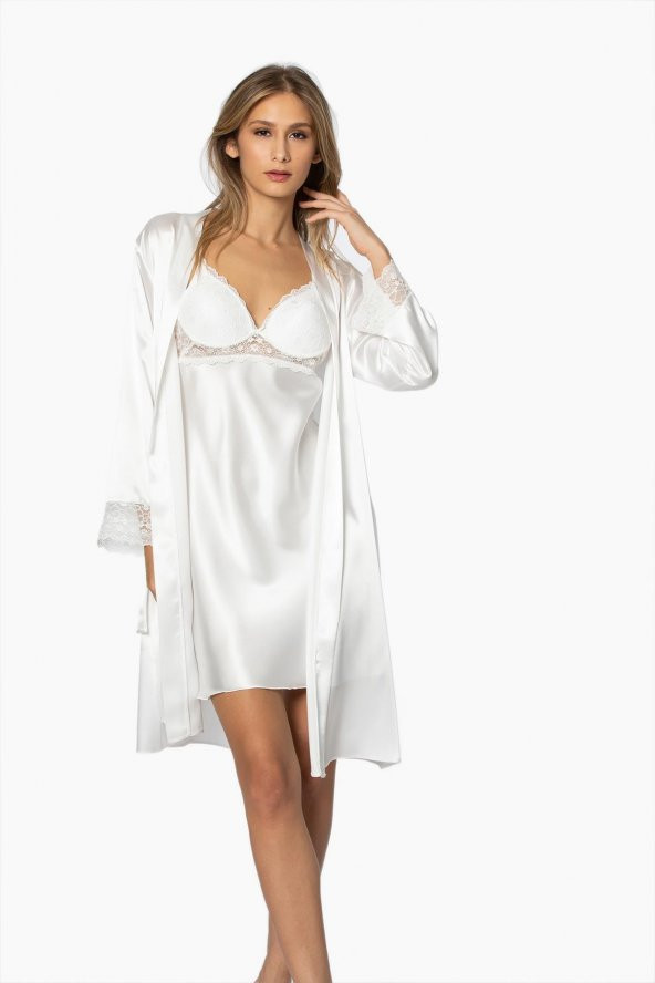 Saten Dantelli Gecelik & Sabahlık Takım - Resim 2