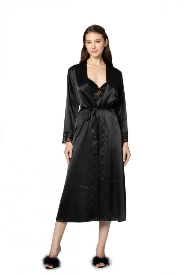 Saten Dantelli Gecelik & Sabahlık Takım - Resim 2