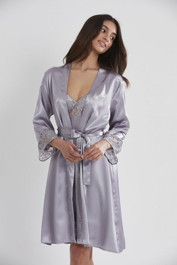 Saten Dantelli Gecelik & Sabahlık Takım - Resim 2